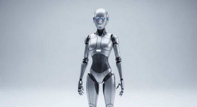 Futuristic humanoid robot standing against a stark white background in a studio lighting setup
