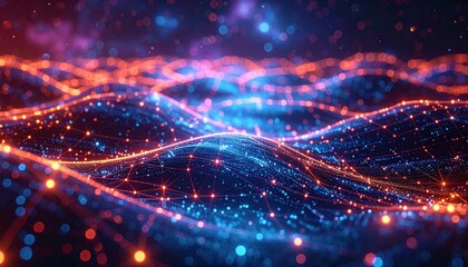 A shiny blue light burst illuminates a virtual fractal realm in the night sky