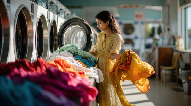 South Asian woman in yellow dress sorting colorful laundry in a bright laundromat, surrounded by washing machines and vibrant fabrics, showcasing daily life and domestic tasks