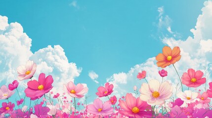 A field of vibrant pink and orange cosmos flowers blooming under a bright blue sky with fluffy white clouds, creating a cheerful and colorful spring landscape