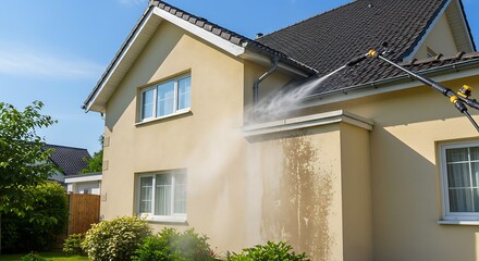 House front washing, cleaning with high-pressure water blaster