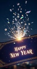 A dazzling happy new year celebration with confetti explosion and golden text on a dark blue banner against a blurred city backdrop at night