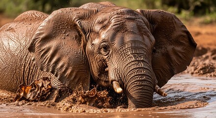 Fototapeta premium Majestic elephant bathes in a muddy waterhole, enjoying refreshing cool