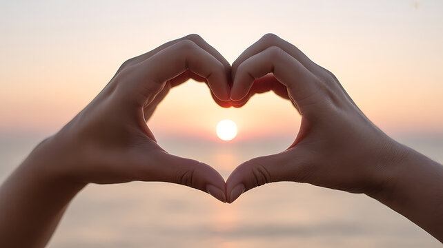 Hands forming a heart shape framing the sun at sunset over the ocean - Powered by Adobe