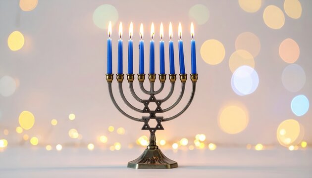 A Menorah with nine lit blue candles stands against a soft, bokeh background of warm, glowing lights, symbolizing Hanukkah.