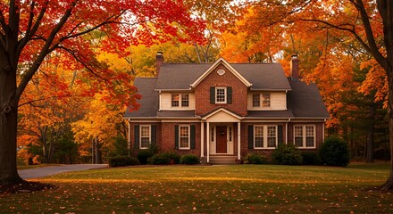 Brown Brick House with Fall Trees Background