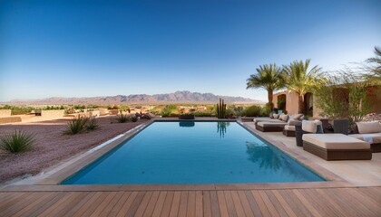 Fototapeta premium a sleek modern patio oasis in a luxurious las vegas home featuring a sparkling infinity pool chic lounge seating and lush greenery amidst a desert backdrop