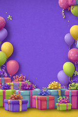 Colorful birthday celebration scene with balloons and presents on a vibrant purple background