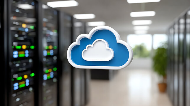 A cloud symbol overlaying a modern data center, representing cloud computing and digital storage solutions for businesses.