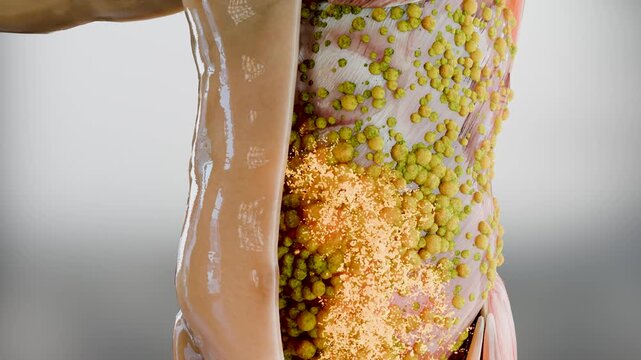Fat cells burning process under the skin showing before and after effect, weight loss, fat metabolism, body transformation, fitness, obesity reduction, healthy lifestyle, diet and exercise, 3d render