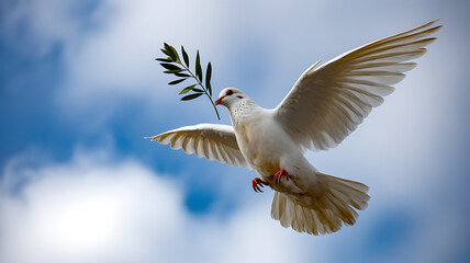 Obraz premium White dove in flight carrying an olive branch against a blue sky