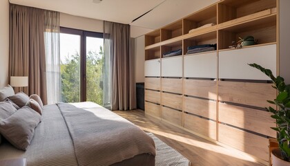 modern bedroom interior with built in wardrobe and natural sunlight filtering through window