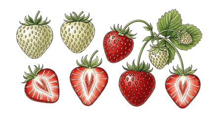 Strawberry illustration set with white and red berries on white backdrop