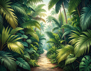 Exotic gateway, path between palm bushes - jungle