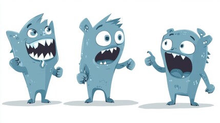 Fototapeta premium Animated Gray Monster Characters Cheering on White Background