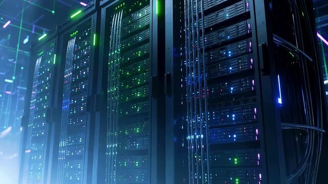 High-tech server room with illuminated racks, showcasing advanced data storage technology