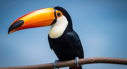 Striking portrait of a toco toucan perched on a branch with blue sky background