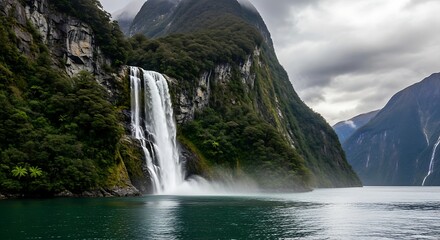Naklejka premium Majestic Waterfall Cascading into a Serene Lake Surrounded by Lush Mountains.
