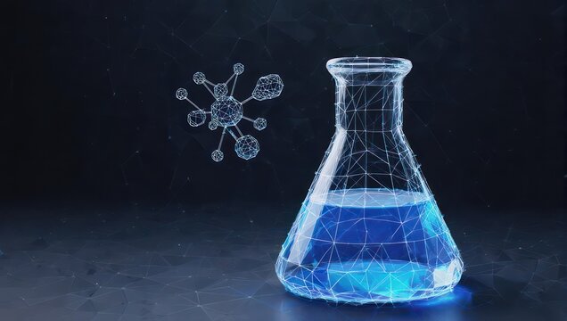 A stylized Erlenmeyer flask filled with a vibrant blue liquid, depicted with a wireframe/mesh structure, alongside an abstract molecule. Dark background