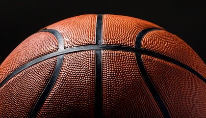 close up detailed view of textured basketball surface illuminated against dark background