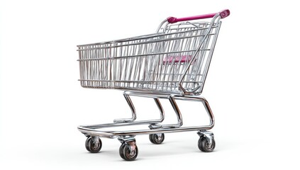 Empty metal shopping cart, angled view, isolated on white