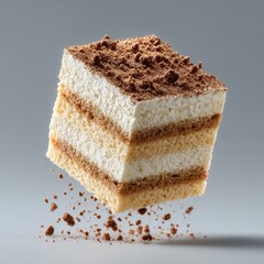 Delicious Floating Tiramisu Cake Slice with Chocolate Crumbs.