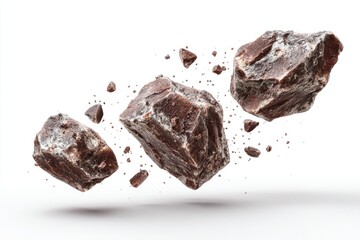 Dark chocolate rocks levitating, fragmented