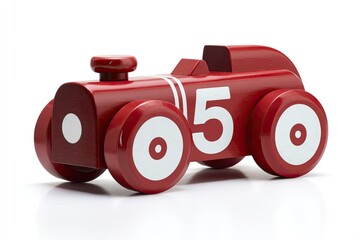 A vibrant red wooden toy race car, angled to the right, features white numbers and accents