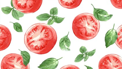 Watercolor tomato and basil pattern