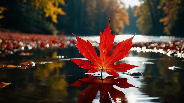 A single red leaf floats on the surface of calm water, great for environmental or nature-themed designs