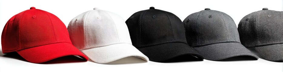 Assorted blank baseball caps in red, white, black, and gray