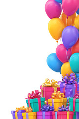 Colorful balloons and vibrant gift boxes stacked together for a festive celebration backdrop
