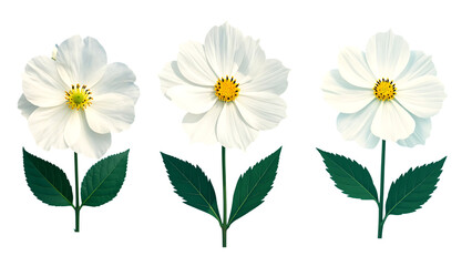 Fototapeta premium Isolated white flowers with lush green leaves on a striking transparent background, perfect for floral design and vibrant botanical compositions