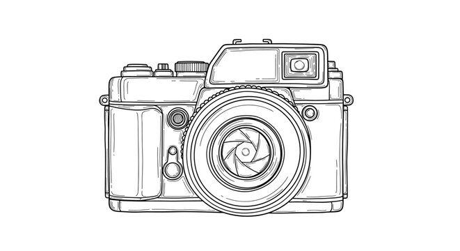 Detailed Black and White Line Drawing of a Vintage Camera