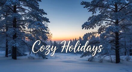 Serene winter wonderland with snowcovered trees and a cozy holiday greeting, evoking a sense of peace and tranquility in a natural setting