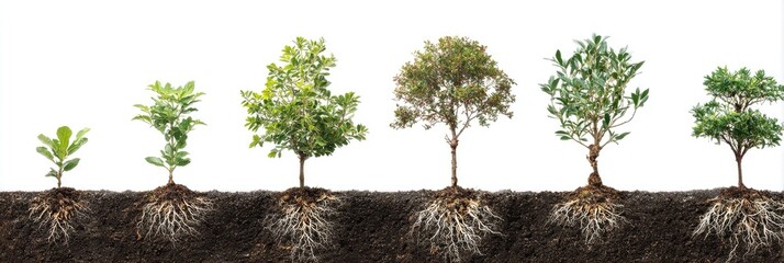 Growth stages of a tree, from seedling to mature tree, shown above ground and below ground
