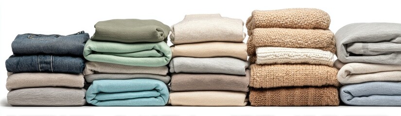 Stacked piles of folded clothes and towels in various colors and textures