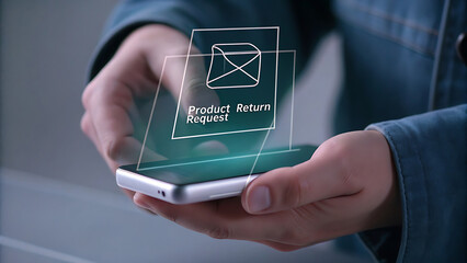 Hands holding smartphone with glowing holographic futuristic analytics system