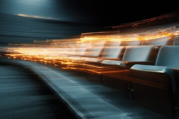 Cinematic Motion Blur - Empty Theater Seats Glowing with Warm Light.