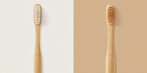 Two bamboo toothbrushes, one white, one light brown, on contrasting backgrounds