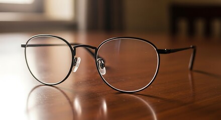 Stylish round eyeglasses resting on a wooden surface with gentle lighting