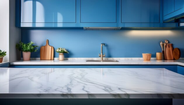 empty white marble counter top in modern kitchen blue color with blurred background high quality photo