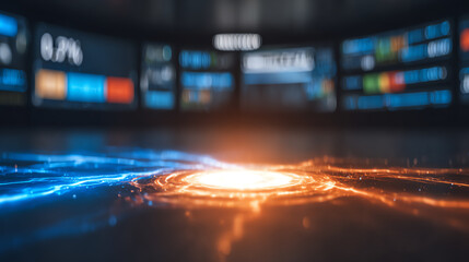 A dynamic digital interface displaying financial data, with vibrant blue and orange elements symbolizing market fluctuations.