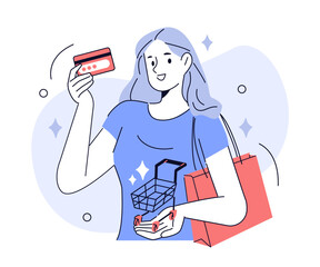 Young woman with bag holds credit card and shopping cart. Buy now pay later, finance, payment concept. Vector illustration. 
