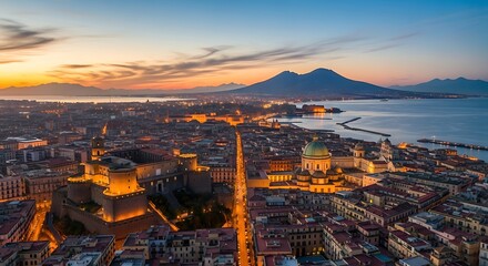 Naples, Italy - Aerial View of Cityscape and Mount Vesuvius at Sunset.