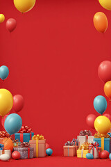 Colorful balloons and gift boxes arranged on a vibrant red background for a festive celebration