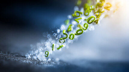 A dynamic visualization of flowing green numbers against a dark background, representing digital data and technology trends.