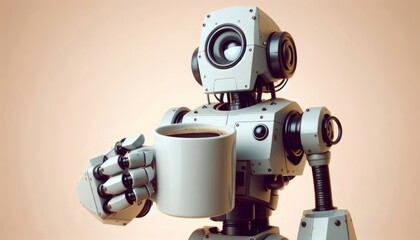 robot coffee mug angular awkward beverage drink holding humanoid unnatural