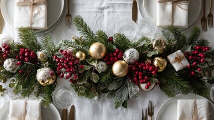 Festive Christmas Table Setting with Garland and Gifts.