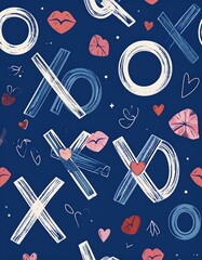 A playful pattern of X's and O's with hearts and lips